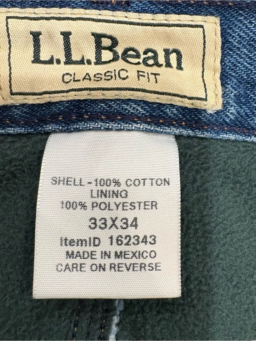 L.L. Bean Double L Fleece Lined Stonewashed Mens Jeans 33x34 NWT